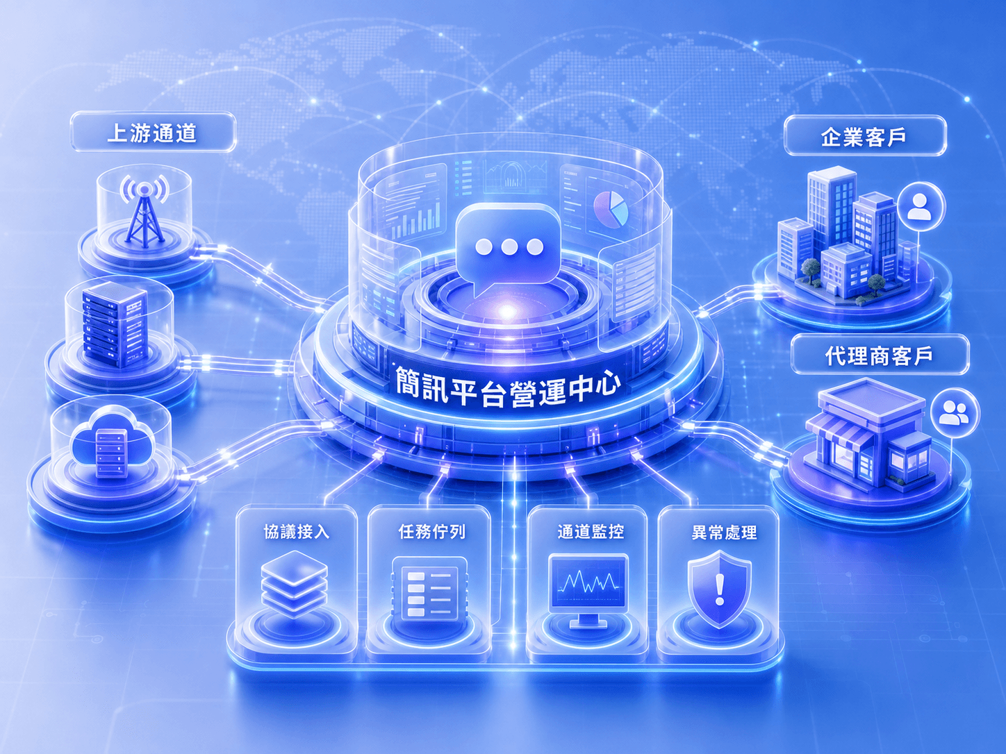 簡訊平台服務商營運中心視覺，展示上游通道、企業與代理商客戶、協議接入、任務佇列、通道監控與異常處理